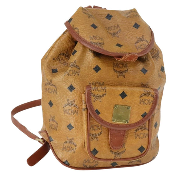 MCM Vicetos Logogram Backpack PVC Leather Brown Gold Auth BA10278
