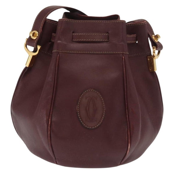 CARTIER Must Line Shoulder Bag Leather Bordeaux Gold Auth BA10279