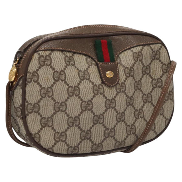 GUCCI GG Supreme Web Sherry Line Shoulder Bag PVC Beige Brown Silver Auth BA103