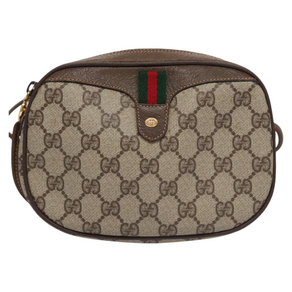 GUCCI GG Supreme Web Sherry Line Shoulder Bag PVC Beige Brown Silver Auth BA103