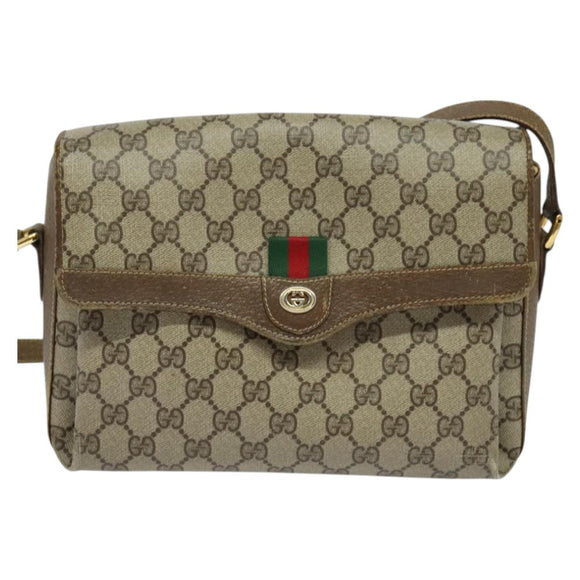 GUCCI GG Supreme Web Sherry Line  Bag PVC Beige Gold 904 02 084 Auth BA1032