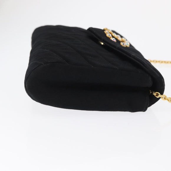CHANEL V Stitched Chain Shoulder Bag Satin Black Gold CC Auth BA10324SAV