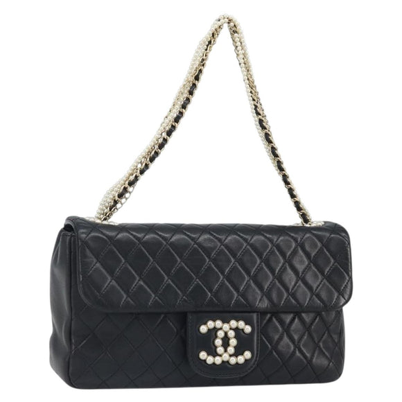 CHANEL Matelasse Chain Hand Bag Lamb Skin Black Gold CC Auth BA10326SM