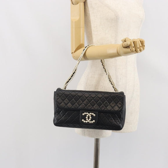 CHANEL Matelasse Chain Hand Bag Lamb Skin Black Gold CC Auth BA10326SM