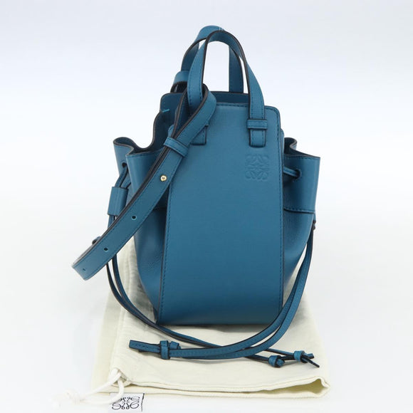 LOEWE Anagram Hammock Drawstring Mini Bag Leather Blue Gold Auth BA10330SM