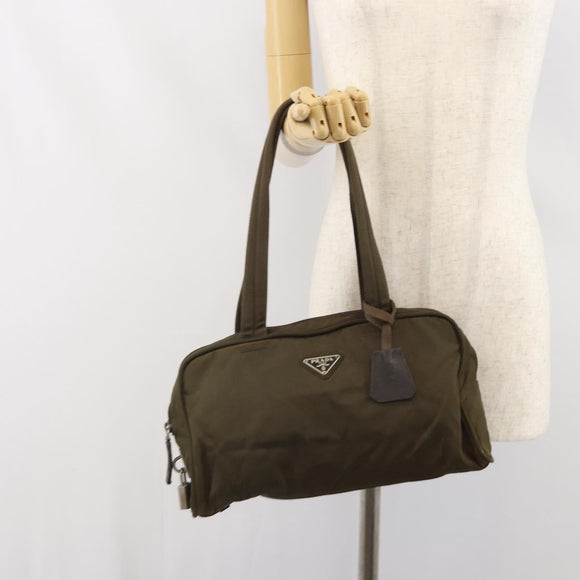 PRADA Hand Bag Nylon Khaki Silver Auth BA10374