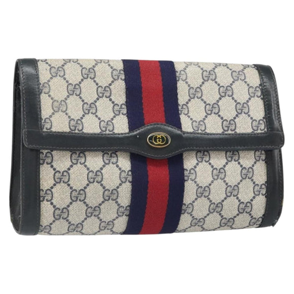 GUCCI GG Supreme Sherry Line Clutch Bag PVC Navy Gold 010 378 Auth BA10399