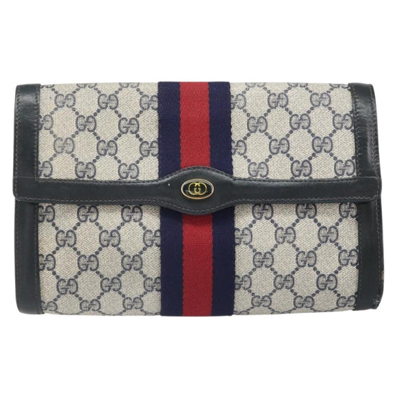 GUCCI GG Supreme Sherry Line Clutch Bag PVC Navy Gold 010 378 Auth BA10399