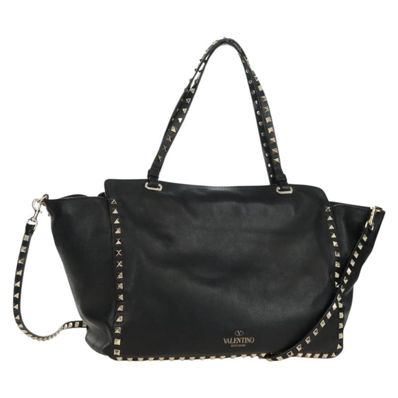 VALENTINO Tote Bag Leather 2way Black Gold Auth BA10419V