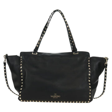VALENTINO Tote Bag Leather 2way Black Gold Auth BA10419V - 0