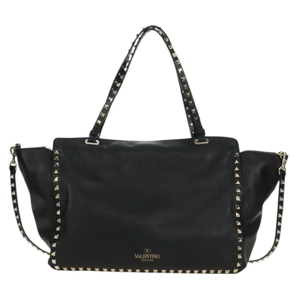 VALENTINO Tote Bag Leather 2way Black Gold Auth BA10419V