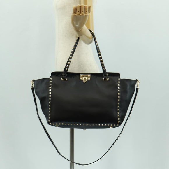 VALENTINO Tote Bag Leather 2way Black Gold Auth BA10419V