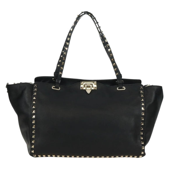 VALENTINO Tote Bag Leather 2way Black Gold Auth BA10419V