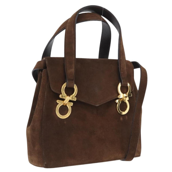 Salvatore Ferragamo Gancini Hand Bag Suede 2way Brown Gold Auth BA10426