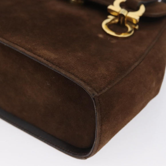 Salvatore Ferragamo Gancini Hand Bag Suede 2way Brown Gold Auth BA10426