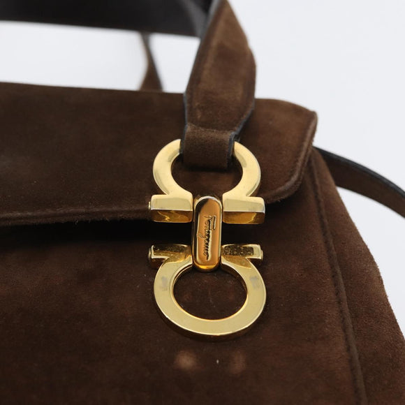 Salvatore Ferragamo Gancini Hand Bag Suede 2way Brown Gold Auth BA10426