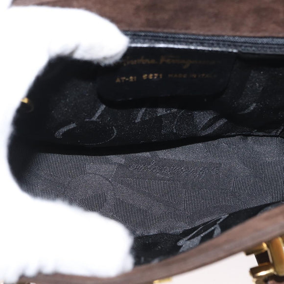 Salvatore Ferragamo Gancini Hand Bag Suede 2way Brown Gold Auth BA10426