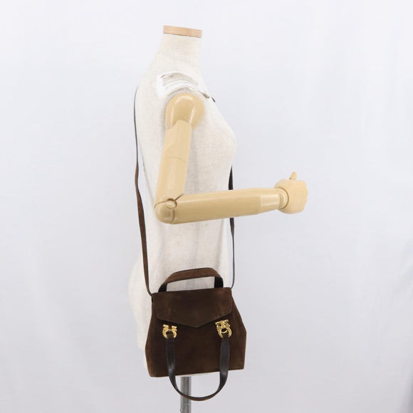 Salvatore Ferragamo Gancini Hand Bag Suede 2way Brown Gold Auth BA10426
