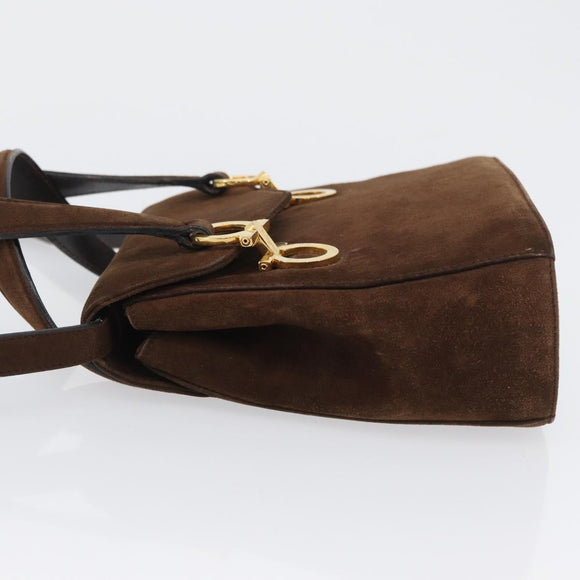 Salvatore Ferragamo Gancini Hand Bag Suede 2way Brown Gold Auth BA10426