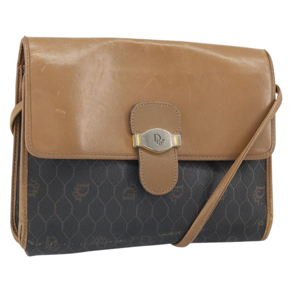 Christian Dior Honeycomb Canvas Shoulder Bag PVC Black Gold Auth BA10438