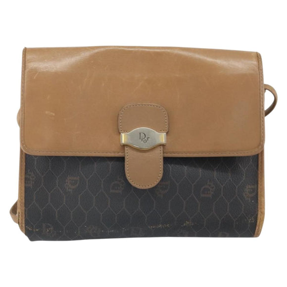Christian Dior Honeycomb Canvas Shoulder Bag PVC Black Gold Auth BA10438