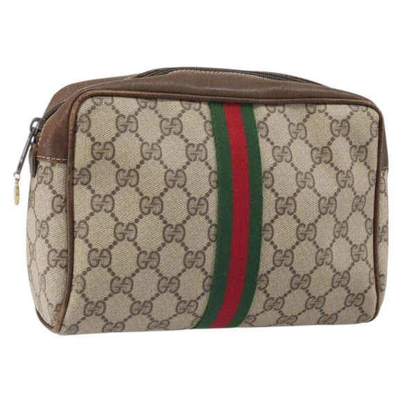 GUCCI GG Supreme Web Sherry Line Clutch Bag PVC Beige Gold Auth BA10450