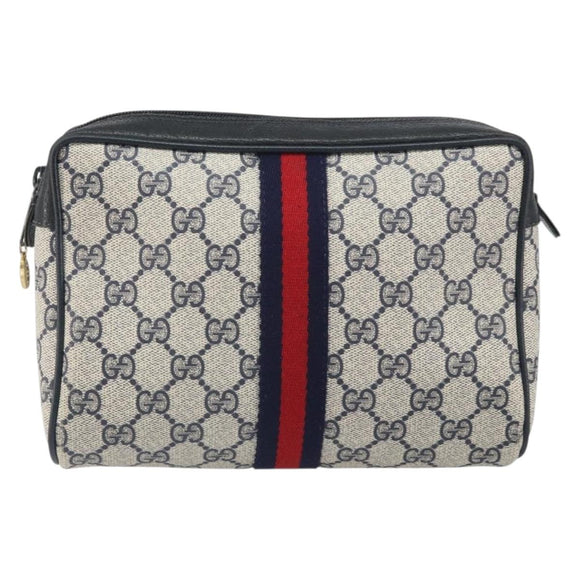 GUCCI GG Supreme Sherry Line Clutch Bag PVC Navy Gold 56 01 012 Auth BA10451