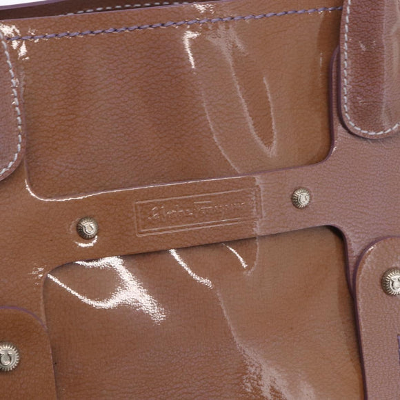 Salvatore Ferragamo Handtas Lakleer Paars Zilver Auth BA10471