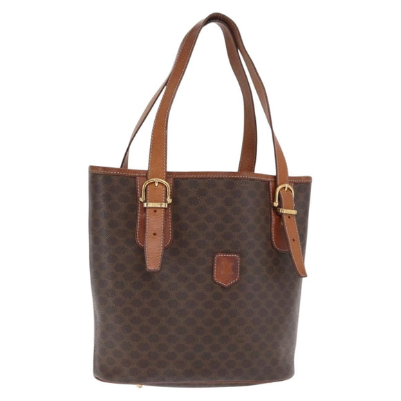 CELINE Macadam Canvas Draagtas PVC Leer Bruin Goud Auth BA10478