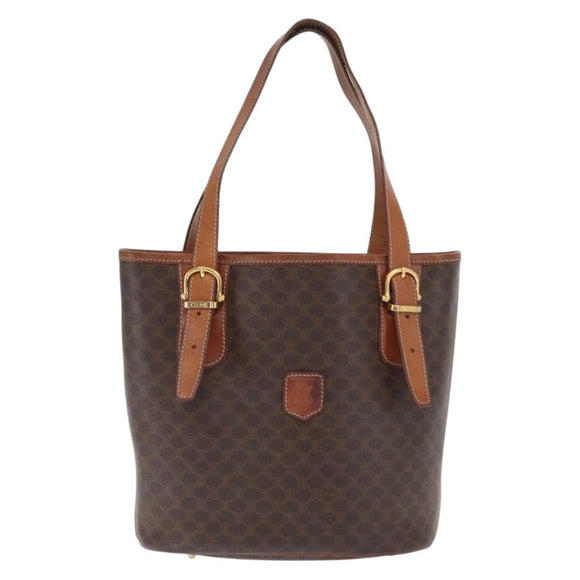 CELINE Macadam Canvas Draagtas PVC Leer Bruin Goud Auth BA10478