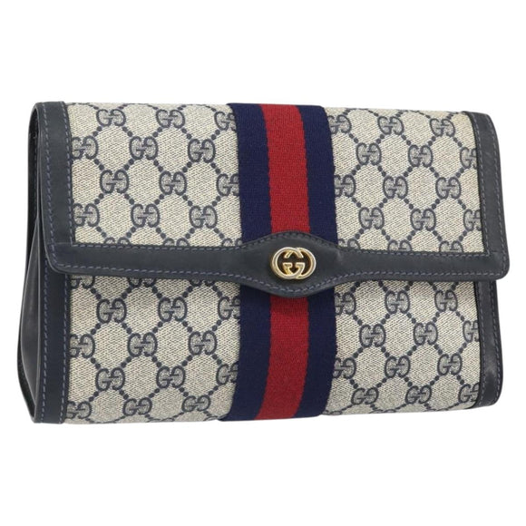 GUCCI GG Supreme Sherry Line Clutch Bag PVC Navy Gold 37 039 3087 Auth BA10493V
