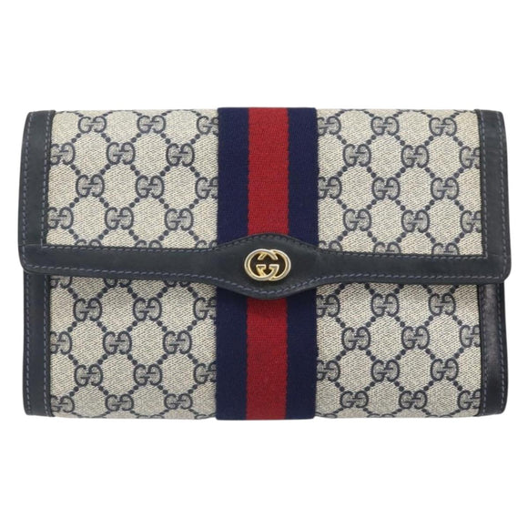 GUCCI GG Supreme Sherry Line Clutch Bag PVC Navy Gold 37 039 3087 Auth BA10493V