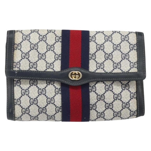 GUCCI GG Supreme Sherry Line Clutch Bag PVC Navy Gold 37 039 3087 Auth BA10494