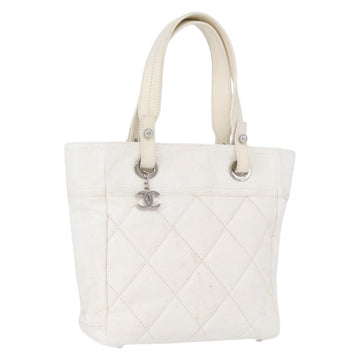 CHANEL Tote Bag Leather Silver White CC Auth BA10495