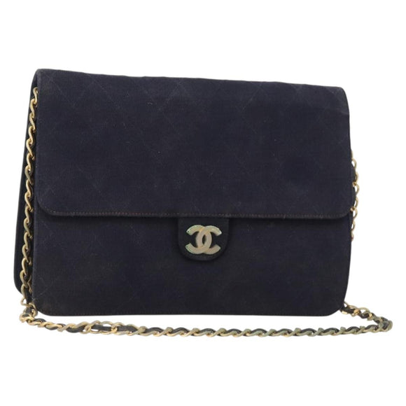 CHANEL Chain Matelasse Shoulder Bag Cotton Navy Gold CC Auth BA10498