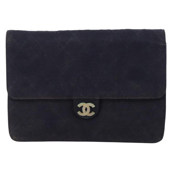 CHANEL Chain Matelasse Shoulder Bag Cotton Navy Gold CC Auth BA10498
