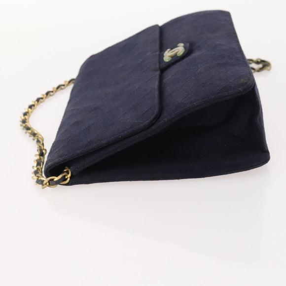 CHANEL Chain Matelasse Shoulder Bag Cotton Navy Gold CC Auth BA10498