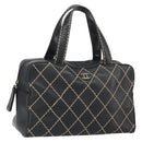 CHANEL Wild Stitch Hand Bag Leather Black Gold CC Auth BA10500V-1