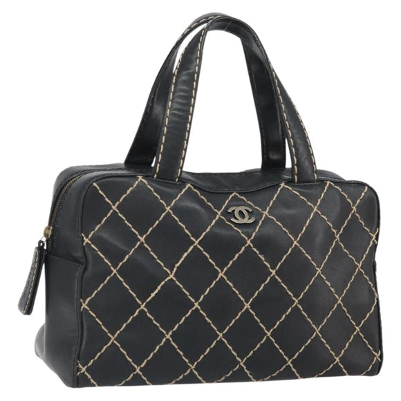 CHANEL Wild Stitch Hand Bag Leather Black Gold CC Auth BA10500V