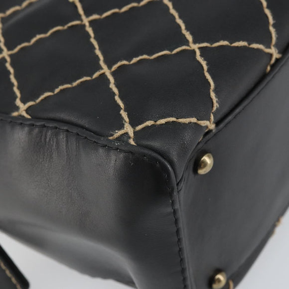 CHANEL Wild Stitch Hand Bag Leather Black Gold CC Auth BA10500V