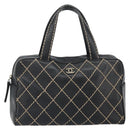 CHANEL Wild Stitch Hand Bag Leather Black Gold CC Auth BA10500V-13