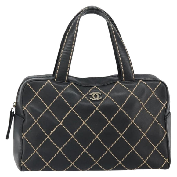 CHANEL Wild Stitch Hand Bag Leather Black Gold CC Auth BA10500V