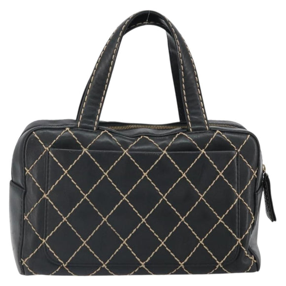 CHANEL Wild Stitch Hand Bag Leather Black Gold CC Auth BA10500V