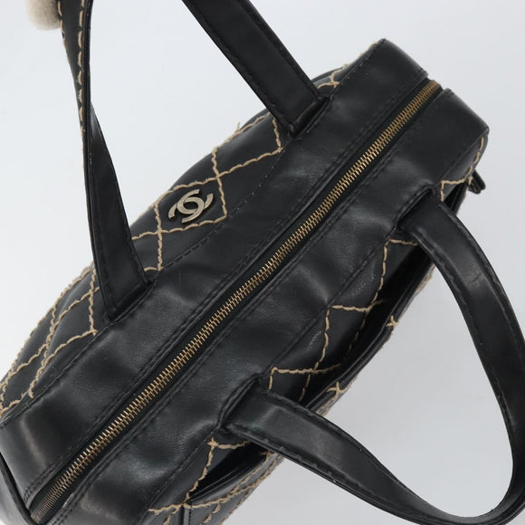 CHANEL Wild Stitch Hand Bag Leather Black Gold CC Auth BA10500V
