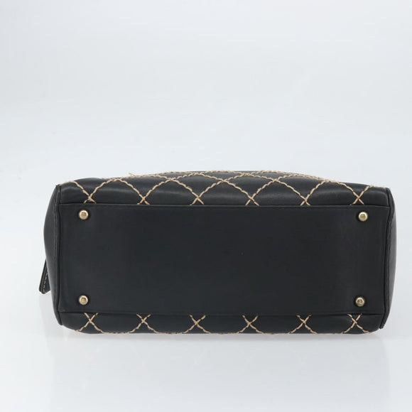 CHANEL Wild Stitch Hand Bag Leather Black Gold CC Auth BA10500V