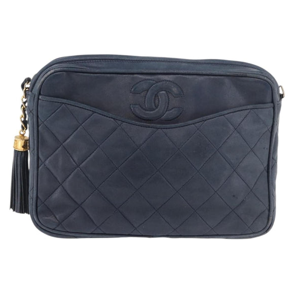 CHANEL Matelasse Chain Shoulder Bag Lamb Skin Navy Gold CC Auth BA10507
