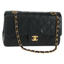 CHANEL Matelasse 25 Double Flap Chain Bag Lamb Skin Black Gold CC Auth BA10555SM-1