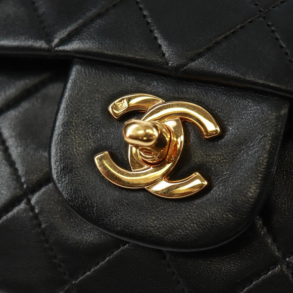 CHANEL Matelasse 25 Double Flap Chain Bag Lamb Skin Black Gold CC Auth BA10555SM