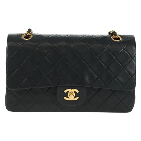 CHANEL Matelasse 25 Double Flap Chain Bag Lamb Skin Black Gold CC Auth BA10555SM