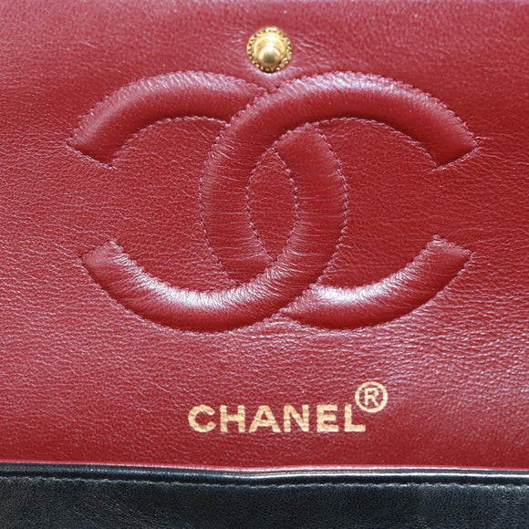 CHANEL Matelasse 25 Double Flap Chain Bag Lamb Skin Black Gold CC Auth BA10555SM